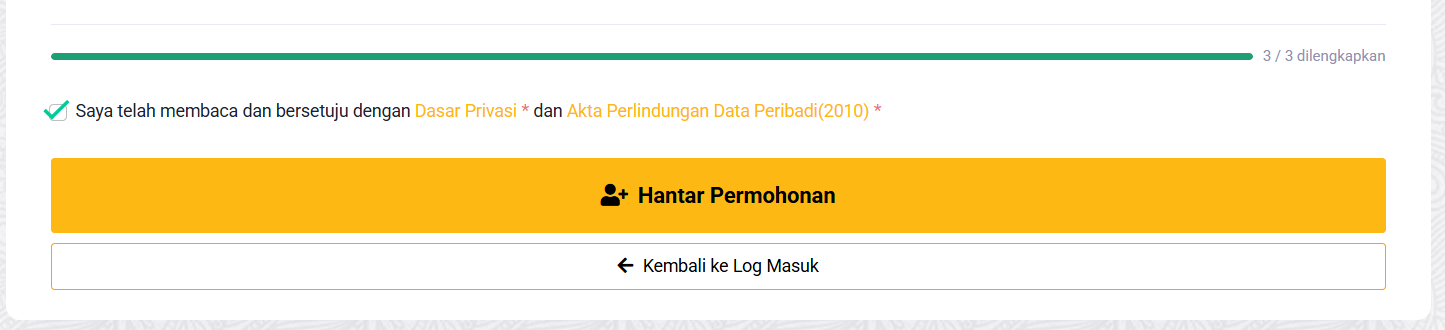 Pengisian Borang — Dasar Privasi & Hantar Permohonan